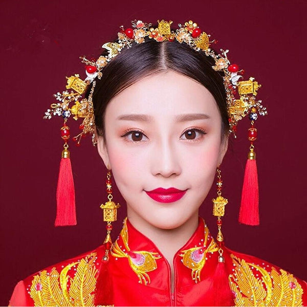Chinese Traditional Bridal Hair Ornaments With Styling Earrings Sets Wedding Hair Combs