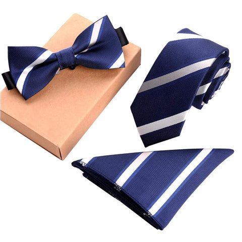 Premium Formal/Informal Ties Set, Necktie/Bow Tie/Pocket Square for Mens/Boys, Blue and White Stripes