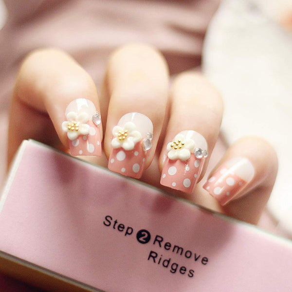24 Pcs Romantic White Camellia Long Artificial False Nails Faux White Dots Nails Decor Pink