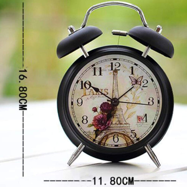 4" Twin Bell Alarm Clock with Backlight Battery Operated Loud Alarm Clock, Eiffel Tower and Flower White
