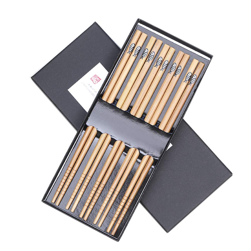 Chinese/Japanese Style 5 Pairs Stonefish Engraving Bamboo Chopsticks Utensil Set with Gift Case
