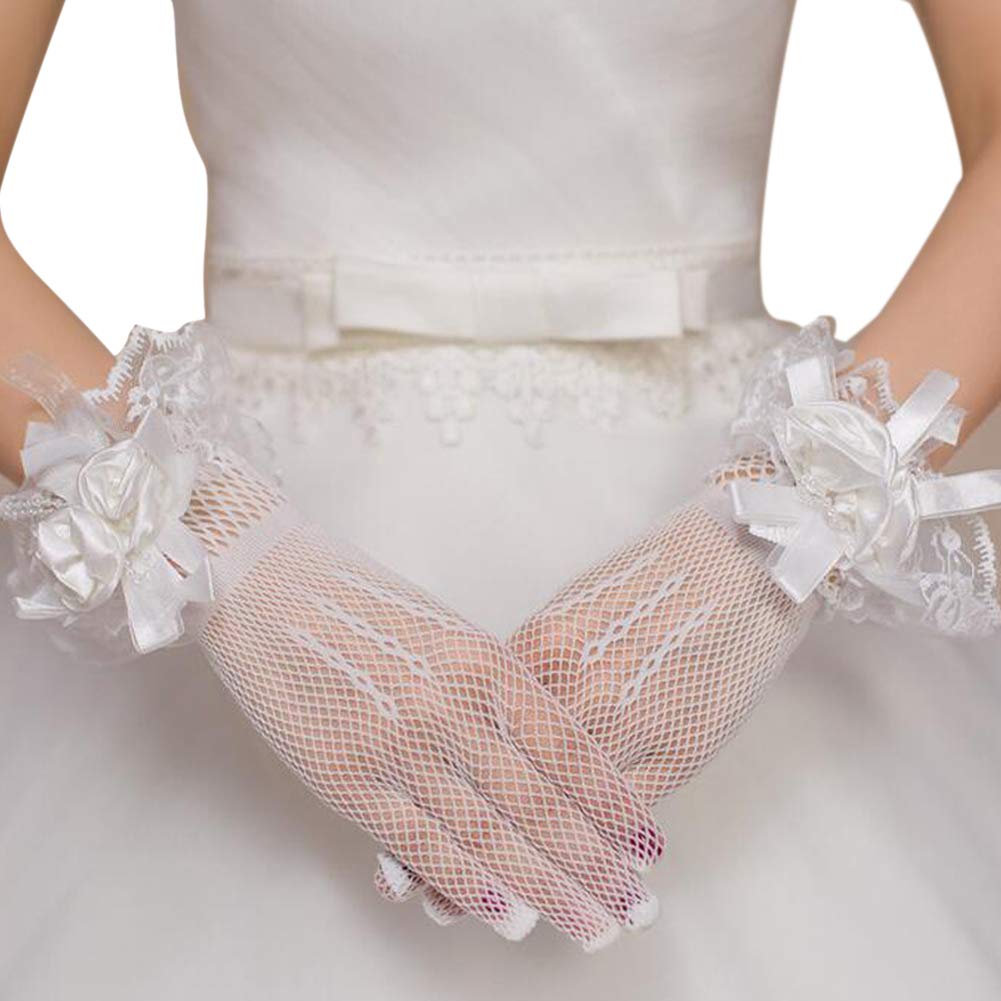 Elegant Floral Wedding Gloves White Mesh Short Gloves Mitten for Bride