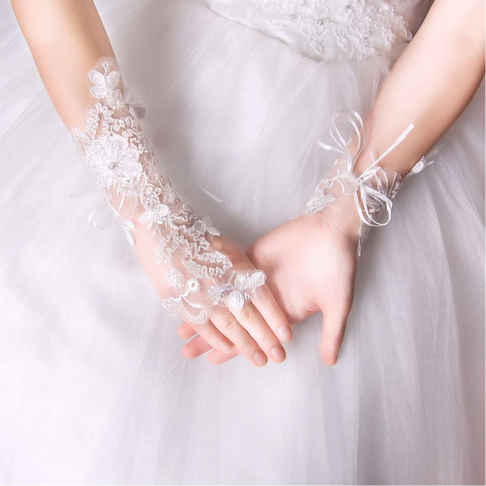 Elegant White Floral Lace Wedding Gloves Fingerless Sleeve for Bride
