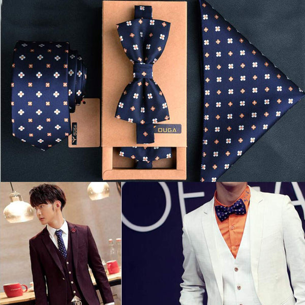 Fashionable Premium Formal/Informal Ties Set Necktie/Bow Tie/Pocket Square for Mens/Boys Blue Floral