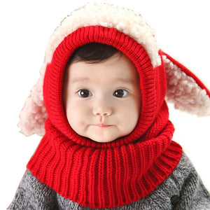 Lovely Baby Winter Warm Cap Knitted Rabbit Ears Hat Unique Woolen Baby Hat with Scarf Red