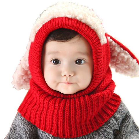 Lovely Baby Winter Warm Cap Knitted Rabbit Ears Hat Unique Woolen Baby Hat with Scarf Red