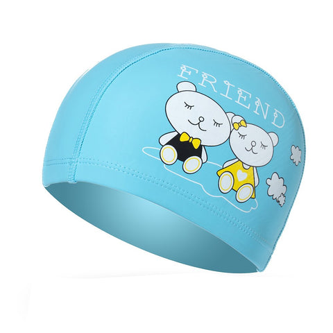 Waterproof PU Swim Caps for Kids Lovely Comfortable Cartoon Bear Printed Swim Cap Blue