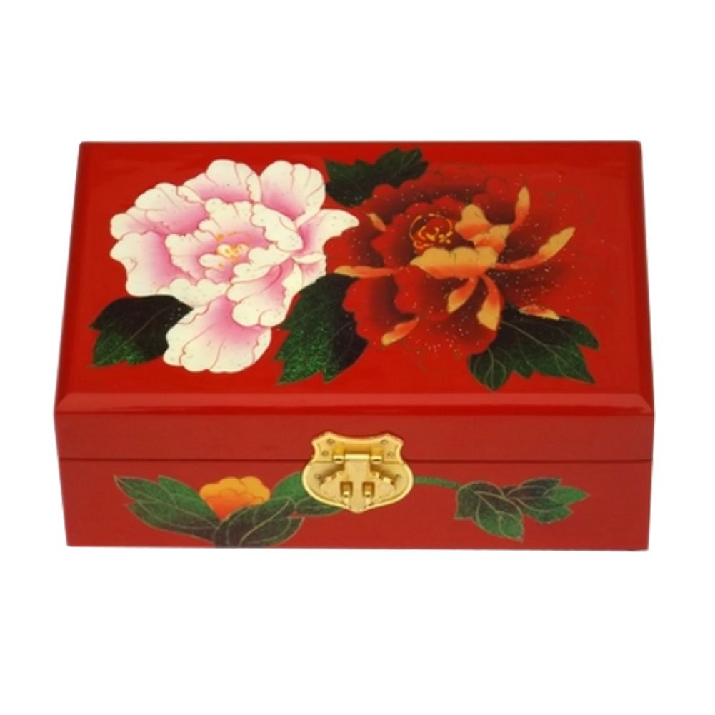 Two-Layer Wooden Jewelry Box Display Storage Case Treasure Chest Case with Lock, Blooming Peony