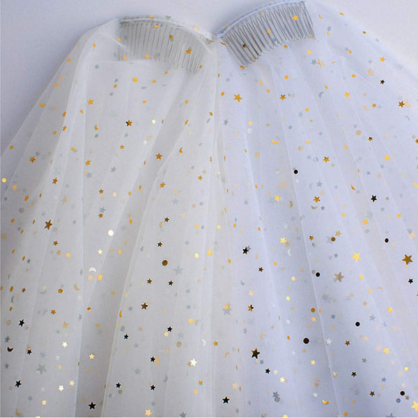 Creative Stars Sequins Wedding Veil With Comb Fashion Bridal Veil Fingertip Length 33"