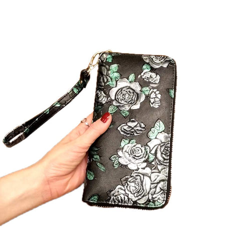 7.87x3.93 Inches Stylish Women Long Purse Silver Roses Leather Cowhide Wallet with Zippers