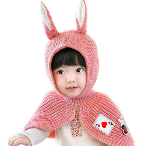 Lovely Baby Winter Conjoined Shawl Warm Cap Knitted Rabbit Ears Hat Unique Woolen Baby Hat Pink