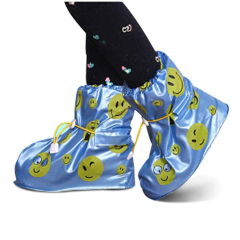 Lovely Smile Face Waterproof High-Tops Shoe Covers Foldable Non-Slip Cycling Shoe Covers for Kids Blue