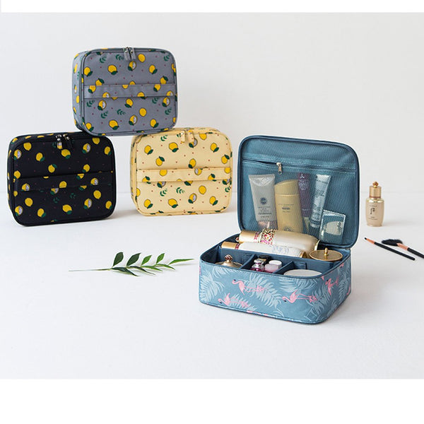 Multifunction Case Portable Travel Makeup Cosmetic Bag Cute Lemon Print Bag Organizer Black