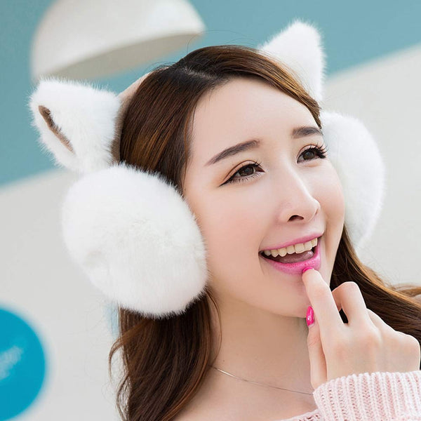Adjustable Winter Ear Warmer Lovely Faux Fur Cat Ear Headband White