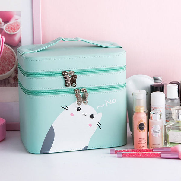 Multication Cosmetic Case Portable Large Capacity Travel Bag Cute Cat Toiletries Bag Organizer Green