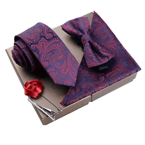 Fashionable Premium Formal/Informal Ties Set, Necktie/Bow Tie/Pocket Square, Paisley Wine