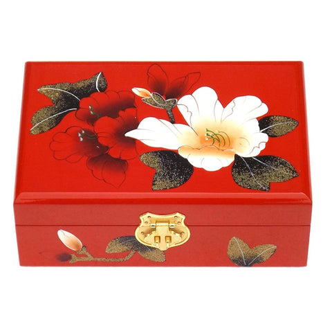 Two-Layer Wooden Jewelry Box Display Storage Case Treasure Chest Case with Lock, Double Hibiscus