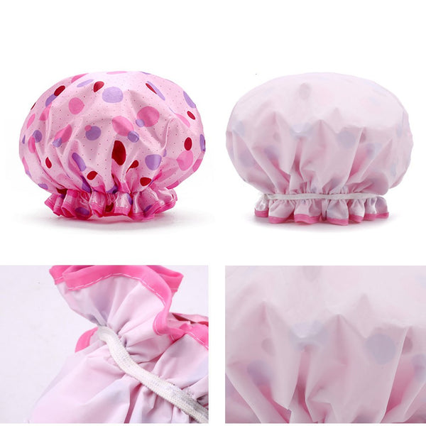 2 Packs Fashion Water Resistant Lined Double Layer Shower Caps, Pink Dots