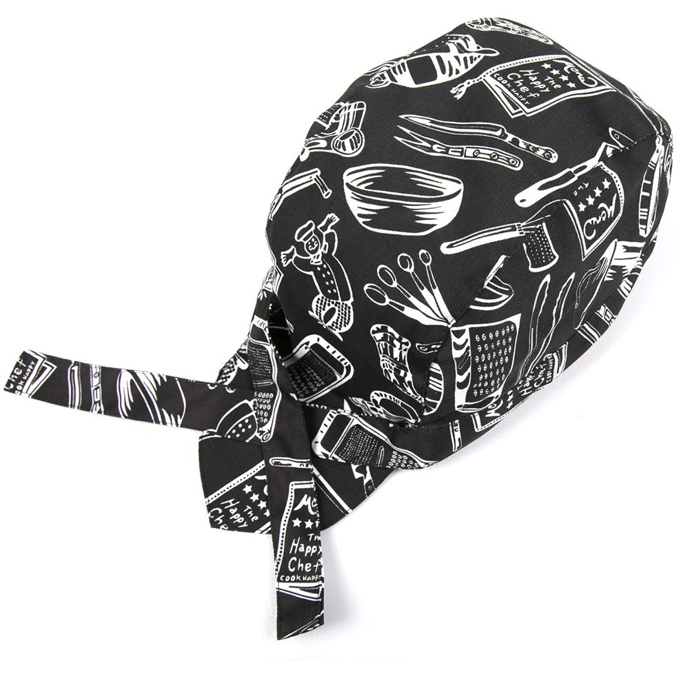 Unisex Professional Chef Hat Headband Fashion Tableware Print Skull Cap Turban Black
