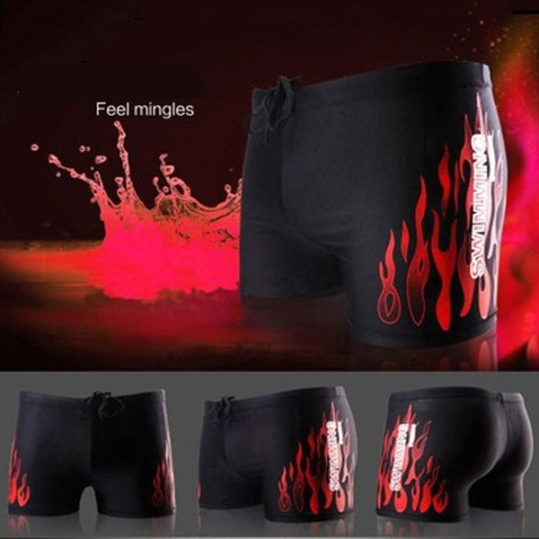 Men's Red Fire-Print Swimwear Suits Square Leg Swimsuits Surf Boxer Brief Trunks Shorts