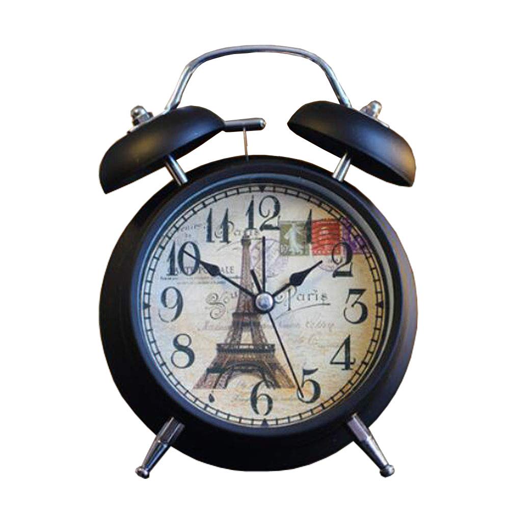 4" Twin Bell Alarm Clock with Backlight Battery Operated Loud Alarm Clock, Eiffel Tower Black