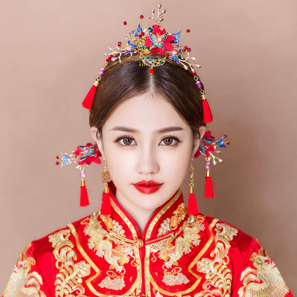 Chinese Style Traditional Floral Bridal Hair Ornaments Wedding Hair Styling Side Comb Earrings Set Red