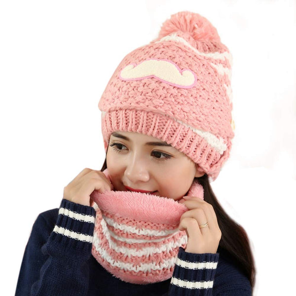Women's Lovely Moustache Winter Warm Hat Fleece Lined Knitted Cap Cycle Hat with Mask Pink