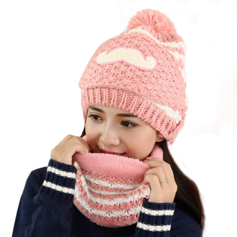 Women's Lovely Moustache Winter Warm Hat Fleece Lined Knitted Cap Cycle Hat with Mask Pink