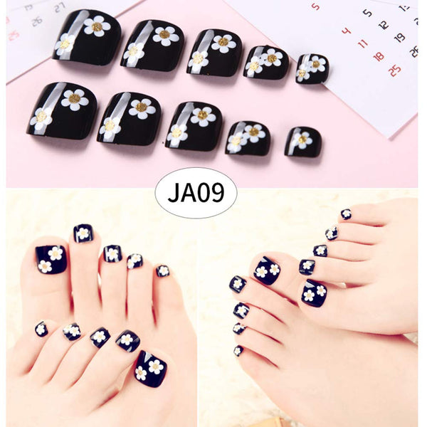 24 Pcs Floral False Nails Rhinestone Short Artificial False Toe Nails Black Toe Nails