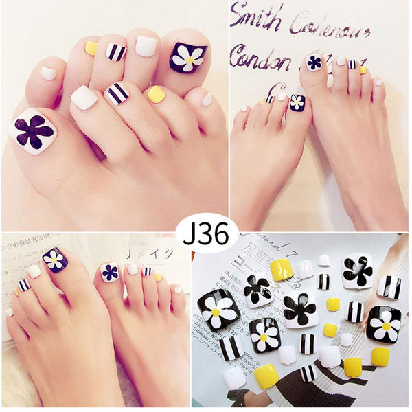 24 Pcs Creative Floral False Nails Short Artificial False Toe Nails Variety Toe Nails
