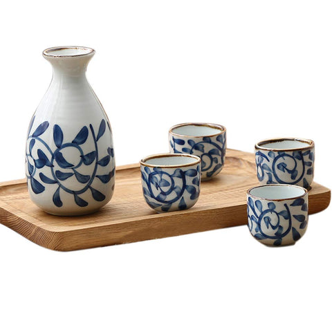Japanese Classic Hand-Painted Blue Rattan Ceramic Sake Sets 1 Decanter with 4 Cups