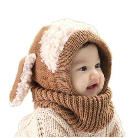 Lovely Baby Winter Warm Cap Knitted Rabbit Ears Hat Unique Woolen Baby Hat with Scarf Khaki