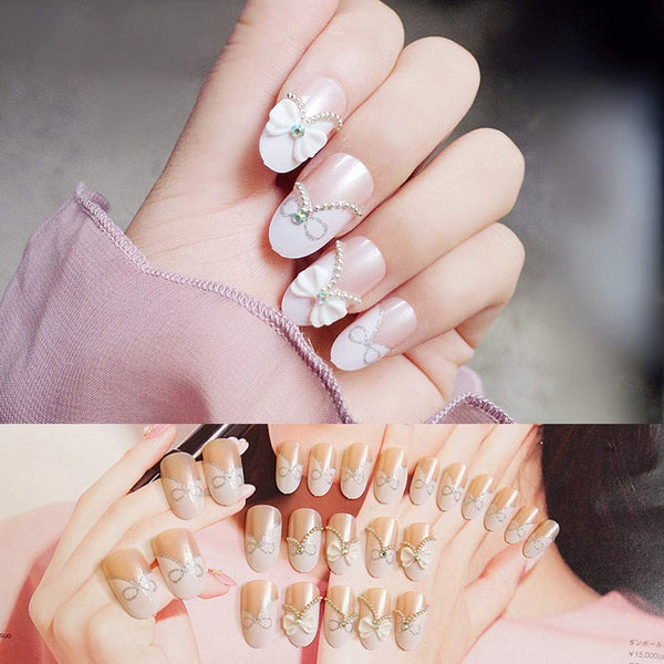 24 Pcs Romantic White Bow Long Artificial False Nails faux Jewels Nails Decor