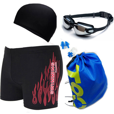 Men's Red Fire-Print Swimwear Suits Square Leg Swimsuits Surf Boxer Brief Trunks Shorts