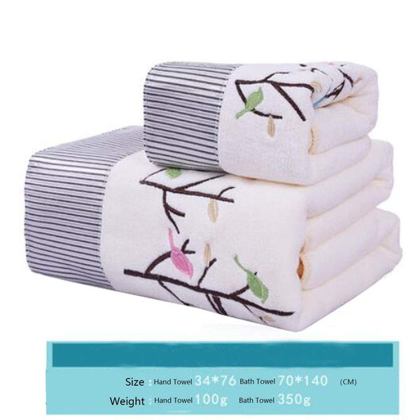 Embroidered Happiness Tree Bath Towel Set Cotton Bath Towel Bundle 1 Bath Towel and 1 Hand Towel White
