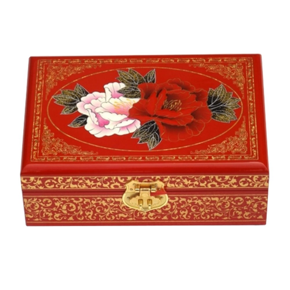 Two-Layer Wooden Jewelry Box Display Storage Case Treasure Chest Case with Lock, Pink Peony