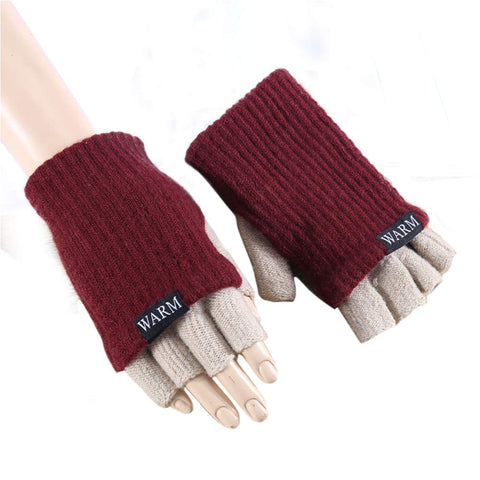 1 Pair Simple Style Woolen Gloves Half Finger Winter Warm Gloves for Women (Red+Beige)