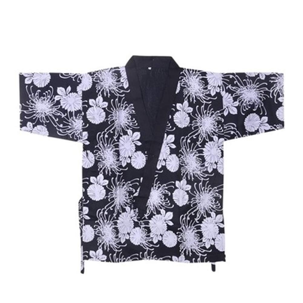 White Chrysanthemum Print Chefs Clothes Half Sleeve Uniform Sushi Restaurant Chef Waiter Clothes Black
