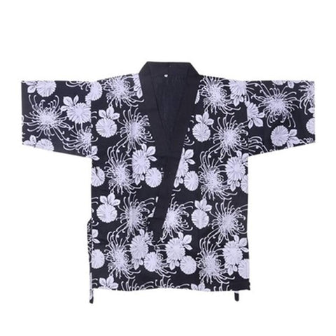 White Chrysanthemum Print Chefs Clothes Half Sleeve Uniform Sushi Restaurant Chef Waiter Clothes Black