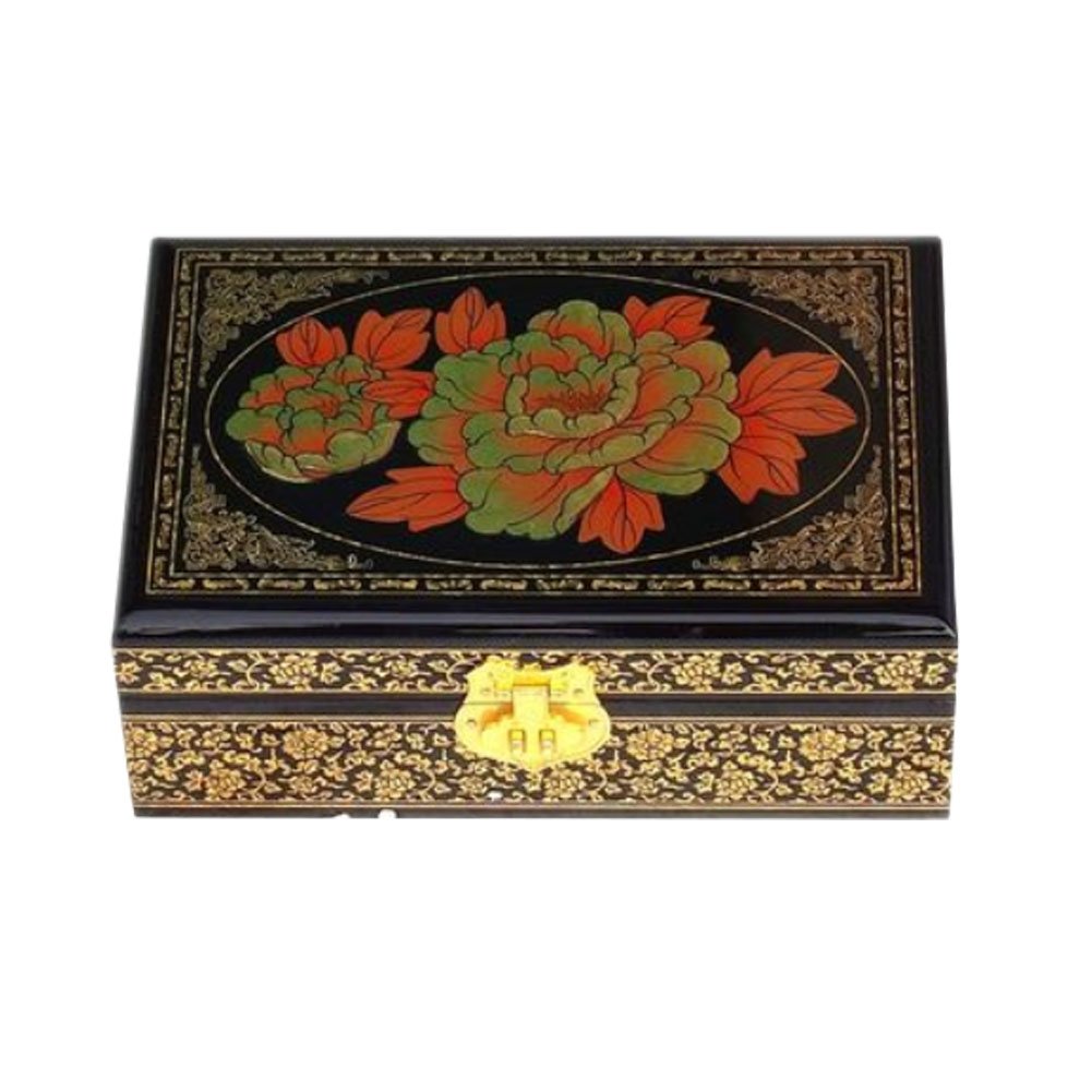 Two-Layer Wooden Jewelry Box Display Storage Case Treasure Chest Case with Lock Golden Peony