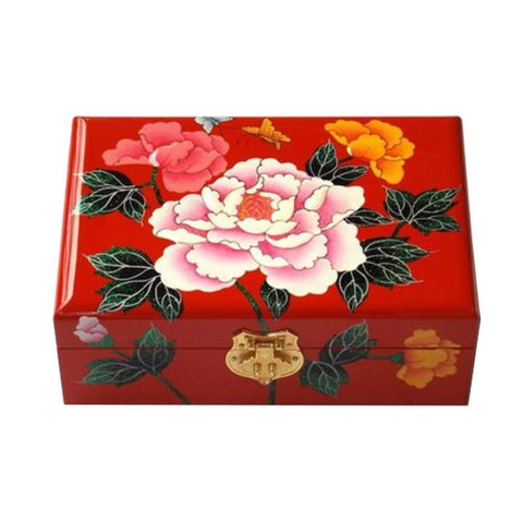 Chinese Style Two-Layer Wooden Jewelry Box Organizer Display Storage Case with Lock, Three Peony