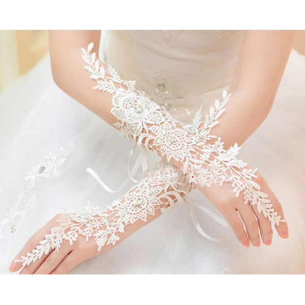 Elegant Hollow Out Lace Wedding Gloves Fingerless Long Mitten Sleeves for Bride