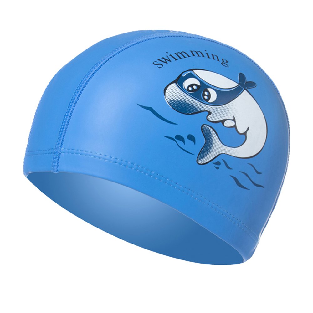 Waterproof PU Swim Caps for Kids Lovely Comfortable Cartoon Dolphin Printed Swim Cap Blue
