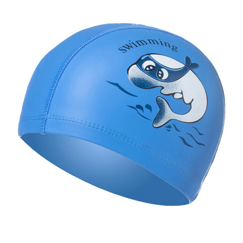 Waterproof PU Swim Caps for Kids Lovely Comfortable Cartoon Dolphin Printed Swim Cap Blue