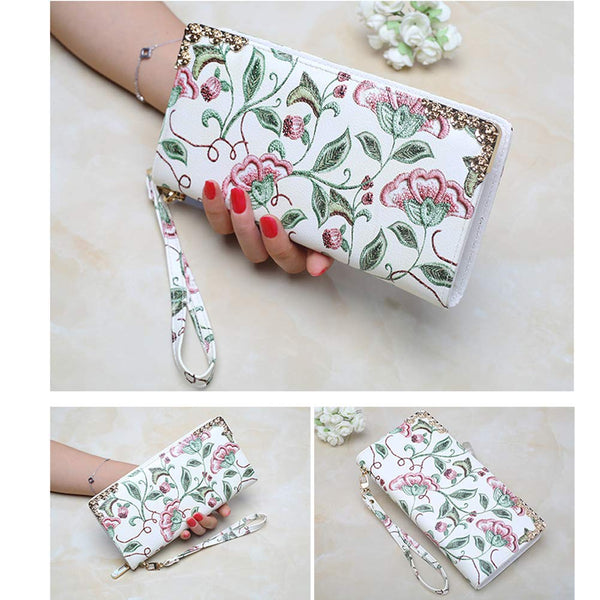 3.9 x 8.3 Inches Stylish Women Long Purse Floral PU Leather Wallet with Zippers White