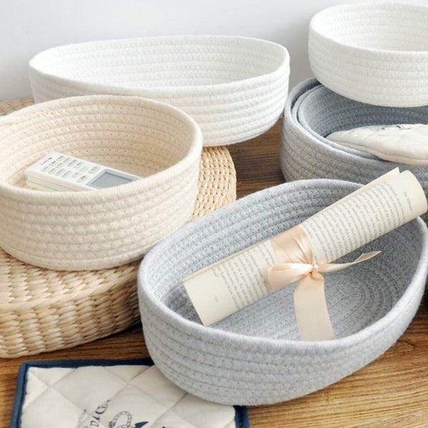Set of 3 Round Cotton Rope Storage Basket Laundry Basket with Handles Nursery Hamper Organizer White