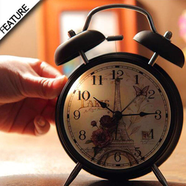 4" Twin Bell Alarm Clock with Backlight Battery Operated Loud Alarm Clock, Eiffel Tower and Flower White