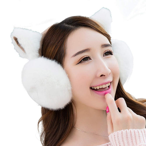 Adjustable Winter Ear Warmer Lovely Faux Fur Cat Ear Headband White
