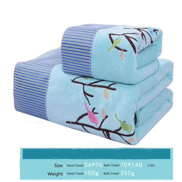 Embroidered Happiness Tree Bath Towel Set Cotton Bath Towel Bundle 1 Bath Towel and 1 Hand Towel Blue