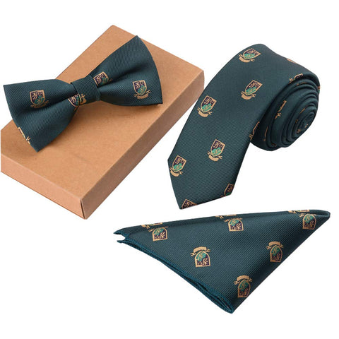 Fashionable Premium Formal/Informal Ties Set Necktie/Bow Tie/Pocket Square for Mens/Boys Green Shield